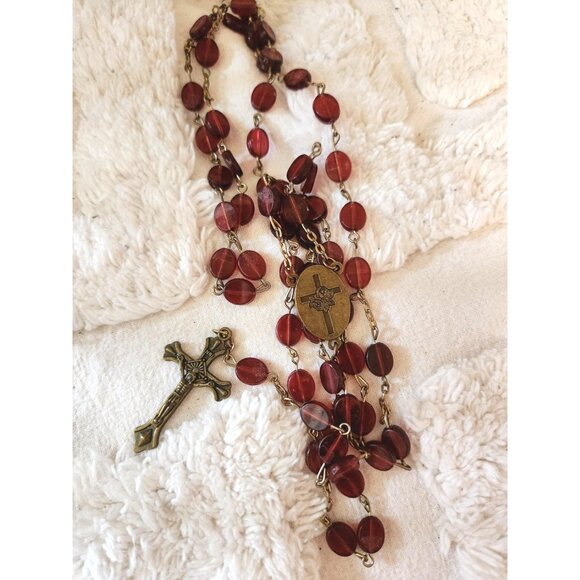Vintage Red Glass Rosary Necklace – Bronze Cross & Medal - Picture 4 of 10
